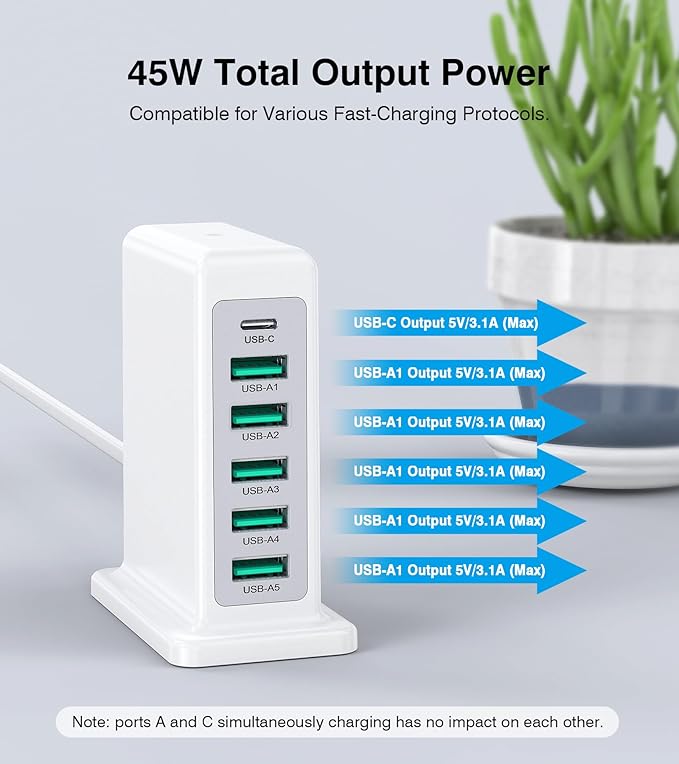 Charging Station for Multiple Devices, 45W 6 Port USB Charger Charging Block with 1 USB-C 5 USB-A Port, Power Strip Plug Charging Multi Travel Chargers for iPhone iPad, Tablets, Smartphones