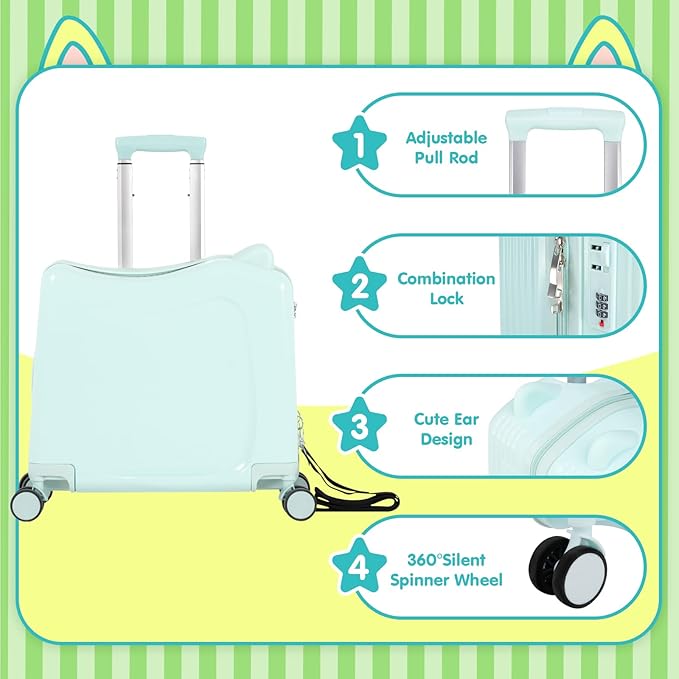 smilesun 20" Ride-On Travel Suitcase for Kids, Cute Ear Toddler Carry on Luggage with Spinner Wheels, Children Rolling Trolly Luggage with Combination Lock (Green with Rope)