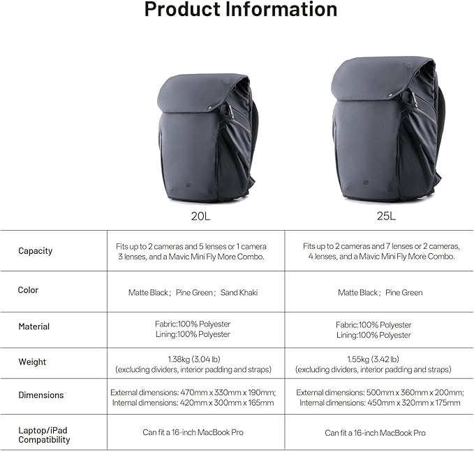 PGYTECH OneGo 2 Camera Backpack 25L with Laptop/iPad Compartment Waterproof Camera Backpack for Urban & Travel Photography Compatible with Sony/Canon/Nikon/DSLR Mirrorless Cameras, Matte Black