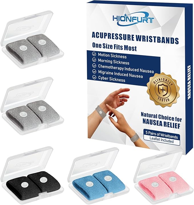 Motion Sickness Bands Anti Nausea Wristband for Adult and Kids Morning Sickness Relief for Pregnancy Acupressure Nausea Relief for Car, Sea, Air Sickness-5 Pairs Grey, Grey, Black, Blue, Pink