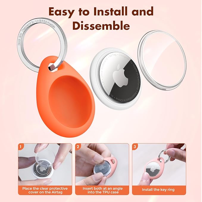 UNBREAKcable AirTag Holder for Apple - 4 Pack Air Tag Case [Fit Tightly Design] [Easy to Install] [Hold Air Tag Securely] Waterproof TPU Shell Protective Cover with All Metal Keychain (Orange&Green)