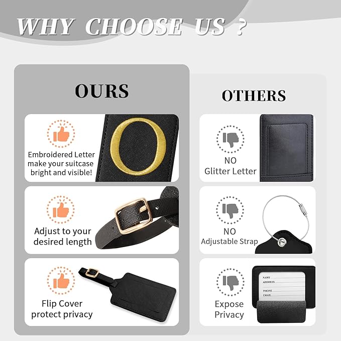 Personalized Initial Luggage Tags for Suitcase TSA Approved, Black Leather Cute Luggage Tag with Privacy Cover Name Card, Embroidered Custom Luggage Tags Travel Backpack Tags Gifts for Women Kids(O)