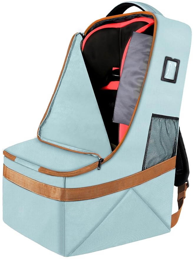 YOREPEK Padded Car Seat Travel Bag for Air Travel, Carseat Cover Backpack with Shoulder Straps, Large Carseat Gate Check Bag, Baby Travel Essential(Light Cyan)