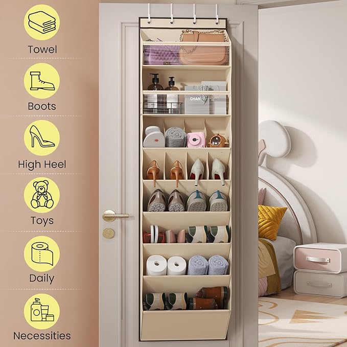 Over the Door Shoe Organizer for Closet, Shoes Rack with 8 Tier Large Deep Pockets, Hanging Shoe Organizers for Boot Storage, Behind the Door Narrow Shoe Holder for Small Shoes, Beige