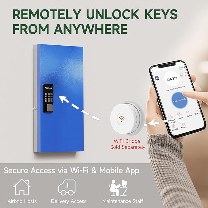 WeHere 48 Key Lock Box Wall Mount, APP Bluetooth/OTP/Wi-Fi Remote/Fixed Code/Key Unlock, Smart Key Cabinet Organizer Holder Box, Key Management for Apartment, Hotel, Office, House