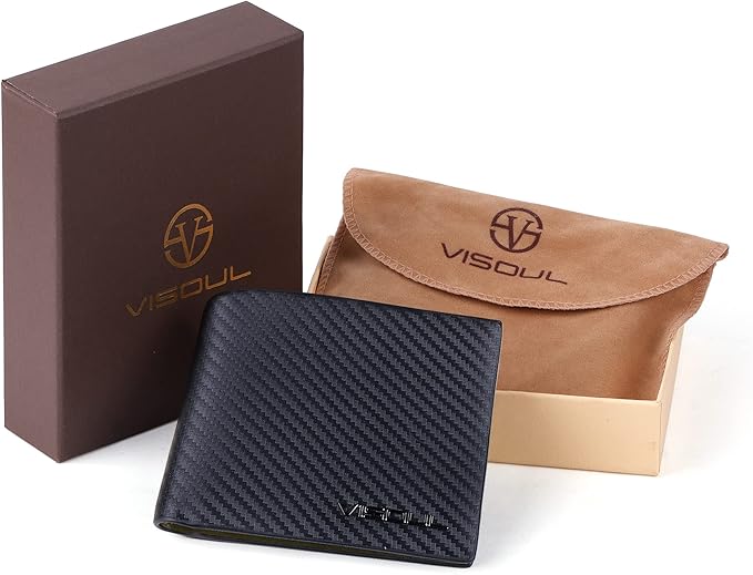 VISOUL Leather Mens Bifold RFID Blocking Wallet with 2 ID Windows, Leather Wallet for Men (Carbon Fiber, Black+Green)