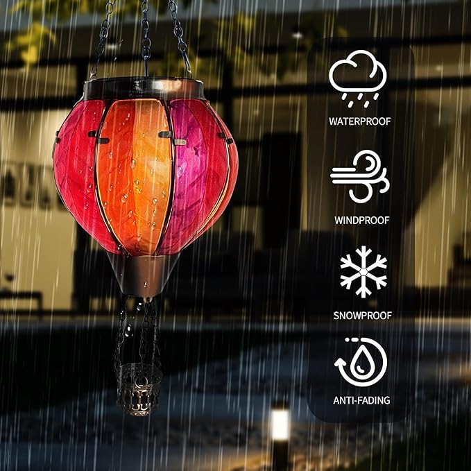 Colorful Hot Air Balloon Solar Lantern with Flickering Flame Light Glass Hanging Solar Lanterns Outdoor Waterproof for Garden Tree Yard Patio Party Decor