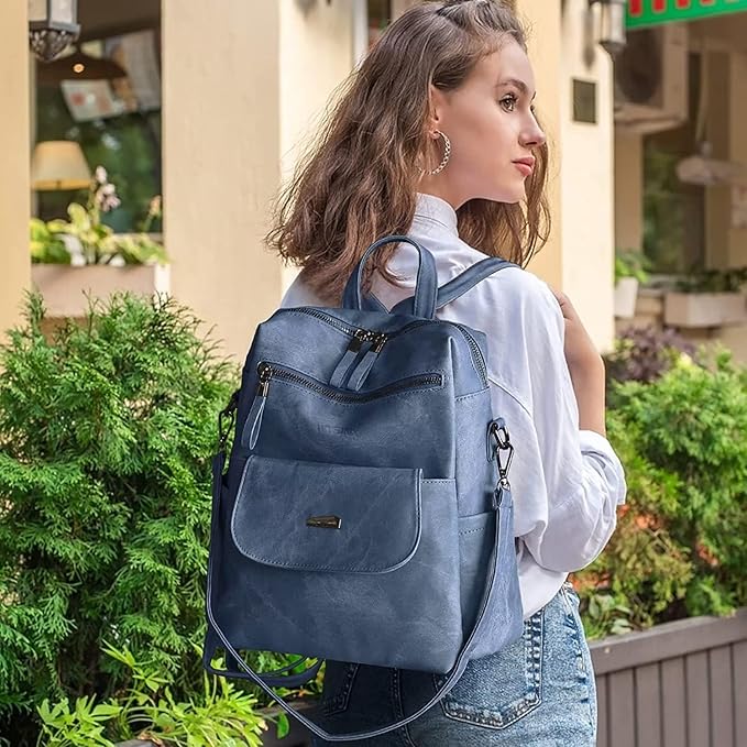 PU Leather Backpack Purse for Women Fashion Multipurpose Design Handbag Ladies Shoulder Bags Travel Backpack Blue