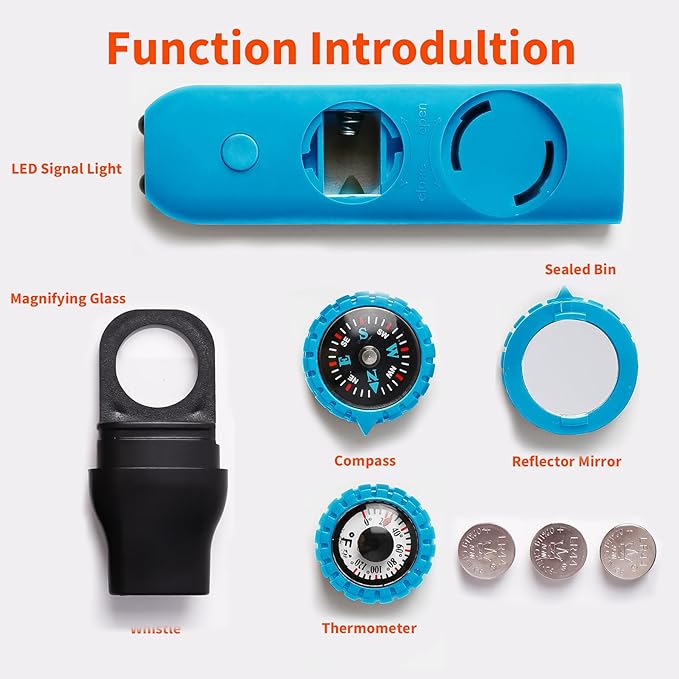 Multifunctional Survival Emergency Whistle for Kids with Compass Hiking Survival, Thermometer & Neck Lanyard | Emergency Safety Gear for Hiking, Camping, Kayaking, Boating, Climbing