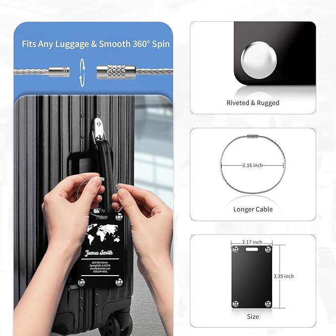 6 Pack Personalized Luggage Tags for Suitcases, Handmade Engraved Stainless Steel Custom Luggage Tags for Cruise Travel with Stainless Loop, Suitcase Identifier Metal Name Baggage Tag
