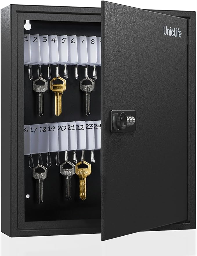 Uniclife 60 Position Slotted Key Cabinet with Combination Lock Resettable Black Digital Security Storage Box Steel Key Organizer with Slotted Racks White Key Tag Labels and Permanent Pen