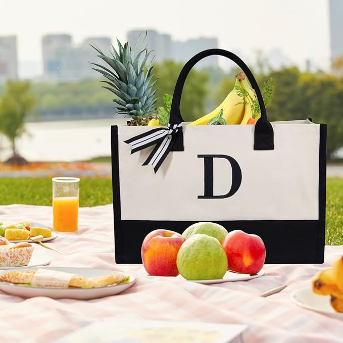 TOPDesign Embroidery Initial Canvas Tote Bag, Personalized Present Bag, Suitable for Wedding, Birthday, Beach, Holiday, is a Great Gift for Women, Mom, Teachers, Friends, Bridesmaids (Letter D)