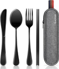 Travel Utensils with Case, Quatish Portable Silverware Set for Work, Stainless Steel Reusable Travel Cutlery Set, Fork and Spoon Set for Camping, Picnic, Gadgets, Lunch Box for Men, Black