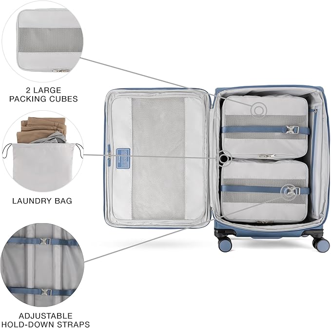 Travelpro VersaPack+ Lightweight Softside Expandable Checked Luggage, 8 Spinner Suitcase, TSA Lock, Men and Women, Checked Medium 25-Inch, Elemental Blue