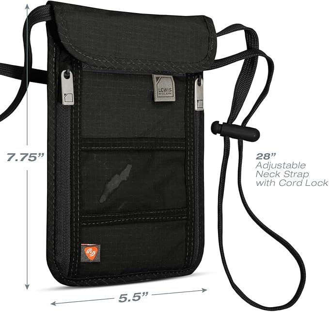Lewis N. Clark RFID Blocking Stash Neck Wallet, Travel Pouch + Passport Holder for Women & Men, Black, One Size