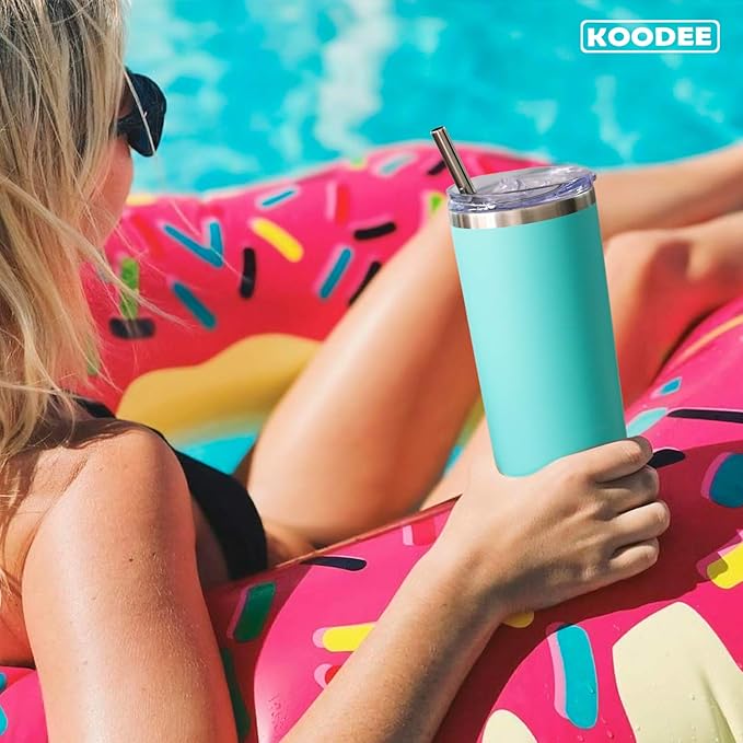 koodee 20 oz Skinny Tumbler Stainless Steel Double Wall Insulated Water Tumbler Cup with Lid and Straw, Slim Travel for Women/Men Diy Birthday Gift (Teal)