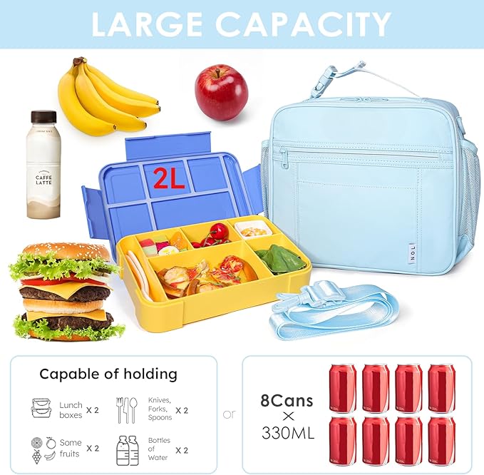 NOL Kids Lunch Bag - Kids 3+ Reusable Insulated Lunch Box with Zipper Closure Buckle Handle Adjustable Long Shoulder Strap, Easy-Clean Waterproof Fabric, Children Lunch Tote Bag for School -Light blue