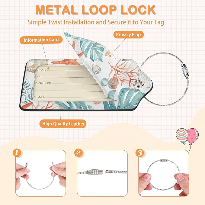 Tropical Seashells Summer 3 Pack Luggage Tags for Suitcases, Vintage Starfish PU Leather Luggage Tag for Travel, Bag Tags with Privacy Name ID Card and Steel Loop for Women Men