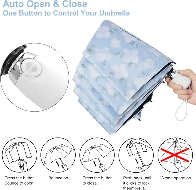 Cuby UV Sun Umbrella Compact Folding Travel Umbrella Auto Open and Close for Windproof, Rainproof & 99.9% UV Protection Parasol with Black Anti-UV Coating (Blue Jasmine)