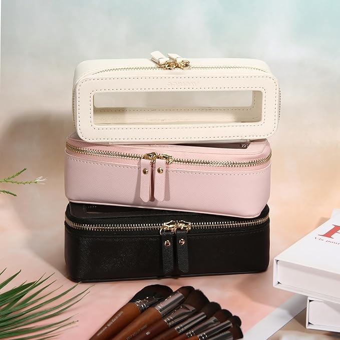 Aveniee Clear Makeup Brush Bag, Slim Cosmetic Brush Holder, small Toiletry Bag Mini Travel Case for Women, Thin Make up Bags with Dual Zipper, Cute Travel Essentials Organizer,Pink