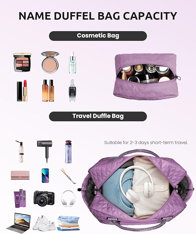 Duffle for Women with Shoe Compartment, Personalized Weekender with Shoulder Strap, Overnight Bag with Trolley Sleeve & Wet Pocket, Travel Bag with Makeup Bag (Letter E)