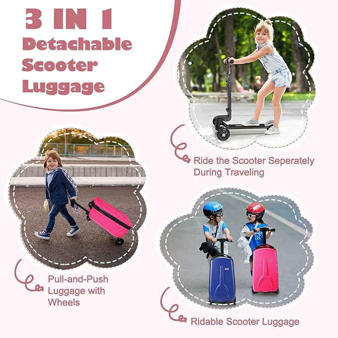iubest Scooter Luggage Carry On Scooter Suitcase for Kids Age 4-15, Detachable & Foldable 4 in 1 Kids Suitcase, Multifunctional Ride On Travel Trolley Scooter Combo-Rose Pink