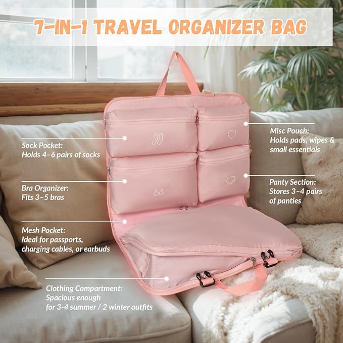 Hanging Packing Cubes,Garment Bags for Travel and Storage, Travel Apparel Bags for Men Women with 5 Solid Color Pockets, Storage Bags for Clothes, Socks,Underwear for Carry on Suitcase (Pink)