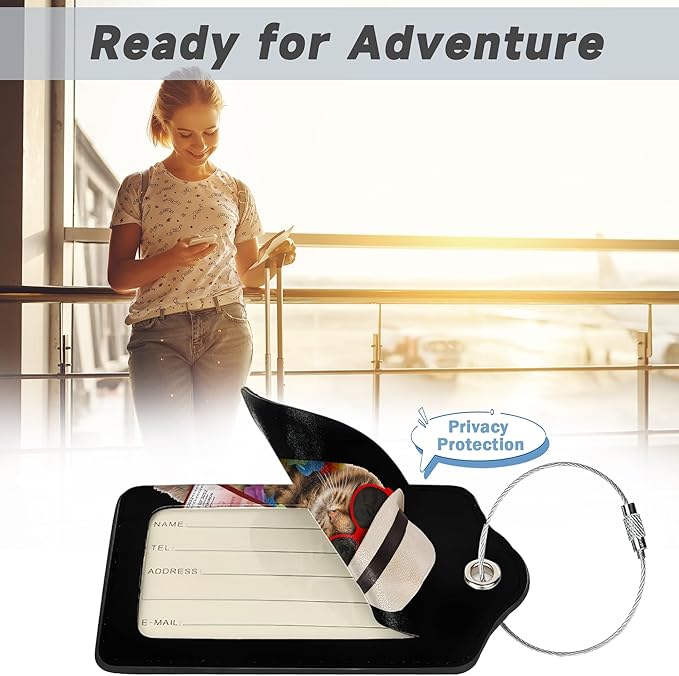 2 Pack Leather Luggage Tag for Suitcase Funny Cat Passport Airline Ticket Unique Travel Tags with Privacy Cover ID Label & Stainless Steel Loop for Men and Women Baggage
