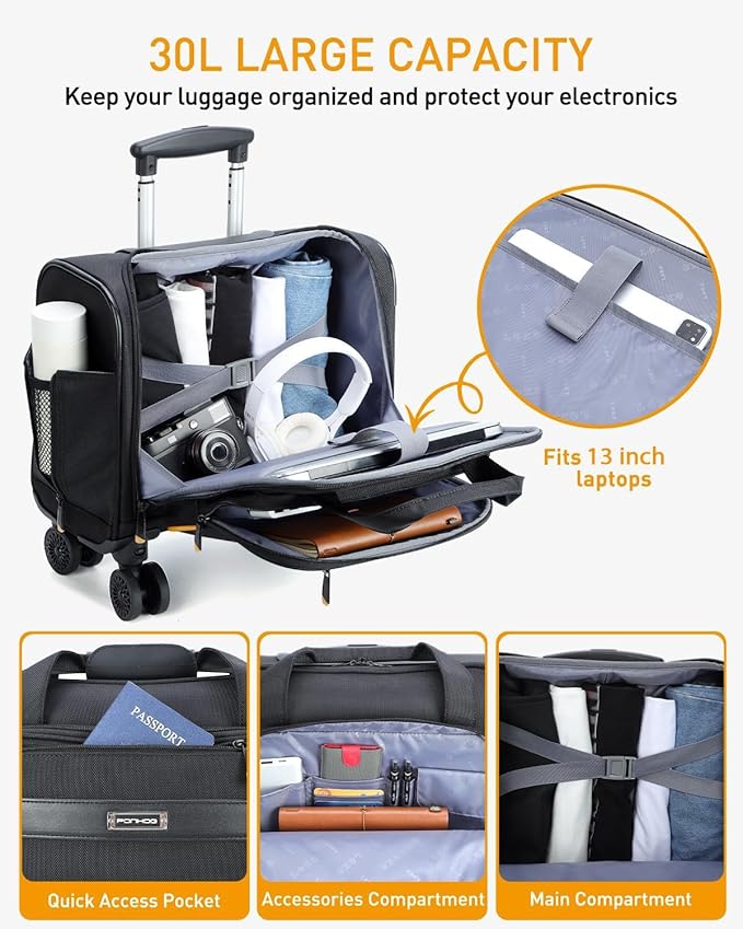 Rolling Laptop Bag, Rolling Briefcase with 4 Spinner Wheels, 13 Inch 1680D Nylon Water Resistant Computer Bag for Men and Women Work Travel, Black