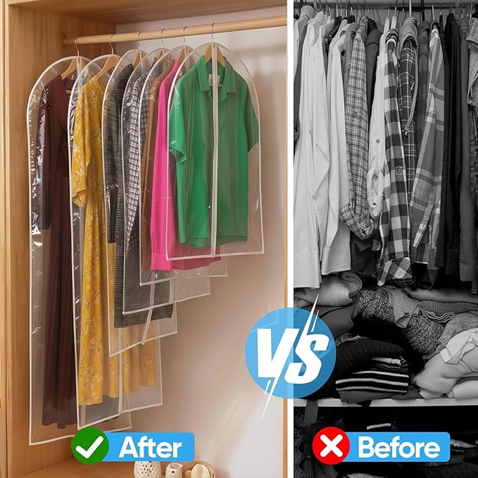 All Clear Garment Bags for Travel - 32” PEVA Waterproof Suit Cover with Zipper for Hanging Clothes, Shirts, Sweaters - Durable Dresser for Closet Storage, Dustproof & Moisture Resistant - 32”/12 Pack