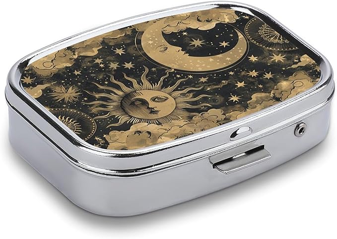 Metal 2 Compartment Pill Organizer Travel Friendly Portable Compact Pill Box Cute Pill Case,for Pocket Wallets Daily Portable Medicine Vitamin Tablet Storage (The Sun and The Moon)
