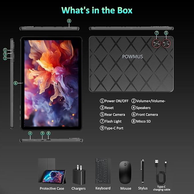 Android Tablet, 11" Android 15 Tablet, 2K FHD Display Tablets, 36GB RAM (12+24) & 256GB ROM,1TB Expandtion, Octa-Core, 8000mAh, WiFi 6, BT 5.0, HD IPS Large tableta, Keyboard & Mouse Included