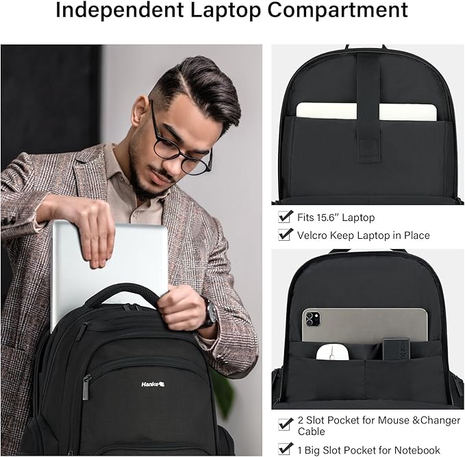 Hanke College Laptop Backpack Multi-Pocket, 18-Inch Large Travel Backpack for Men Women, Water Resistant College Bookbag for 15.6 Inch Laptop, Casual Daily Personal Item Size Airline Approved,Black
