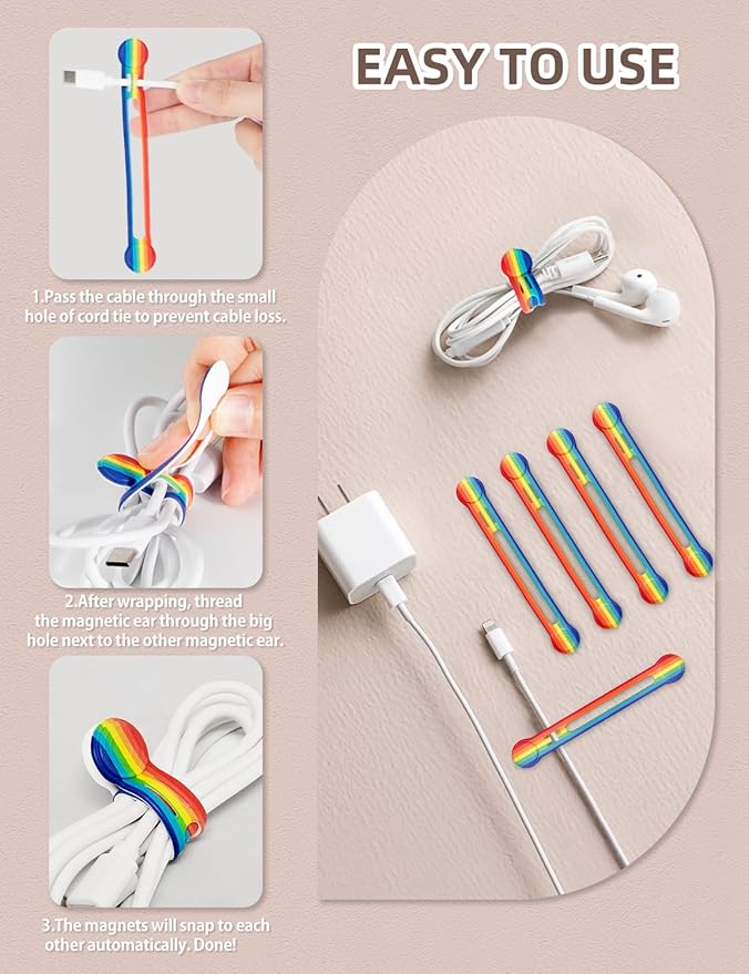 Kanemc Magnetic Cable Tie, 4.72'' Cord Ties Magnet Cable Straps Cord Wrap For Travel Phone USB Charging Cable Management Whiteboard Markers (8Pcs, Rainbow Color)