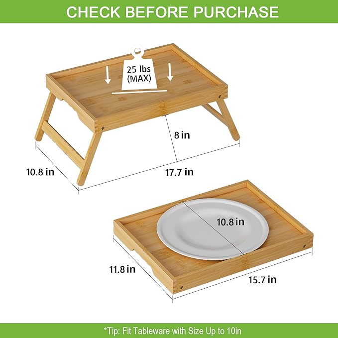 Bed Tray Table with Folding Legs,Bamboo Breakfast in Bed for Kitchen Serving Tray,Sofa,Eating,Used As Laptop Desk Snack Tray 2 Pack (Bamboo)