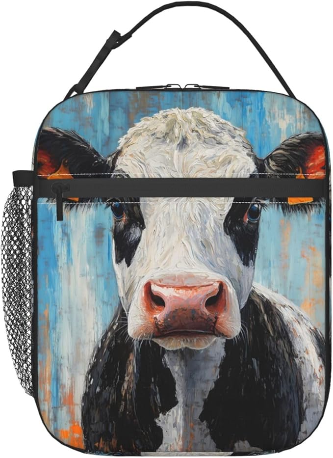 Cow Lunch Box for Kids Aldults, Realistic Animal Reusable Thermal Insulation Cooler Tote Bags, Black White Calf Pattern Insulated Bag for Student, School Picnic Camping Travel, Gifts