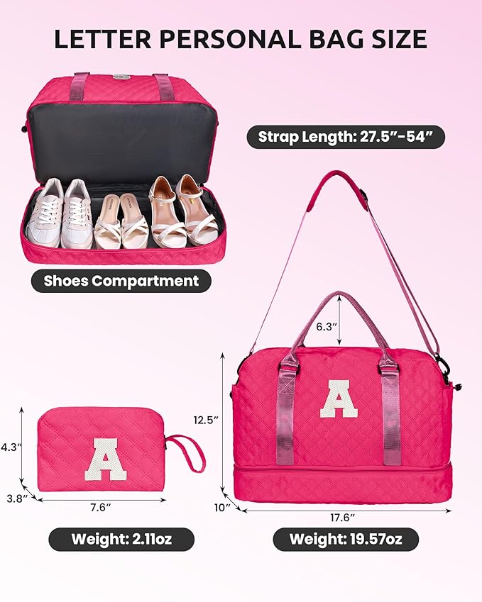 Women Gift, Teen Gifts for Girls-Initial Travel Bag with Shoe Compartment, Personalized Weekender Bag, Monogram Overnight Bag for Women, Letter Travel Bag with Makeup Bag (Letter A)
