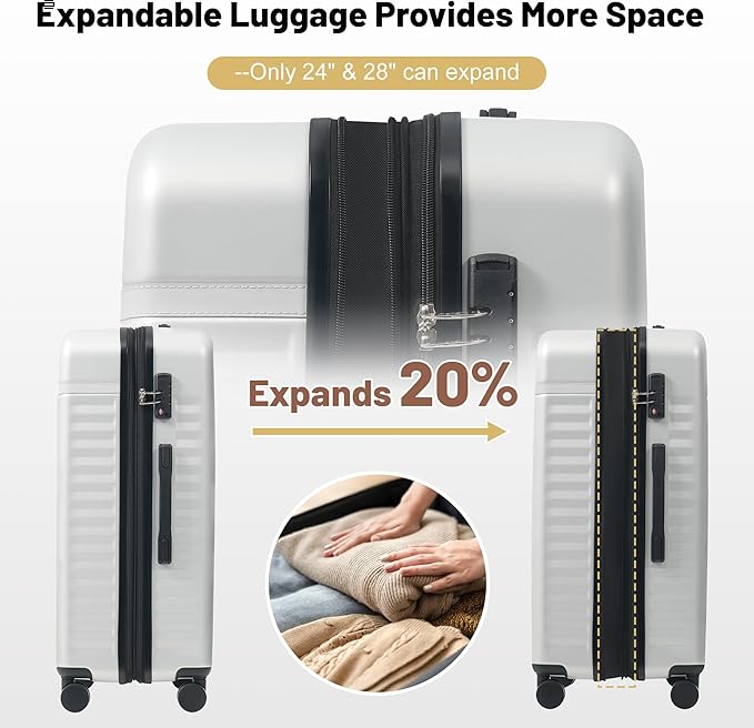 Merax Luggage Sets, Durable Hardshell 3 Piece Suitcase with Double Spinner Wheels and Handle Bags,Lightweight Carry on Luggage with TSA Lock,20+24+28 inches,White Grey