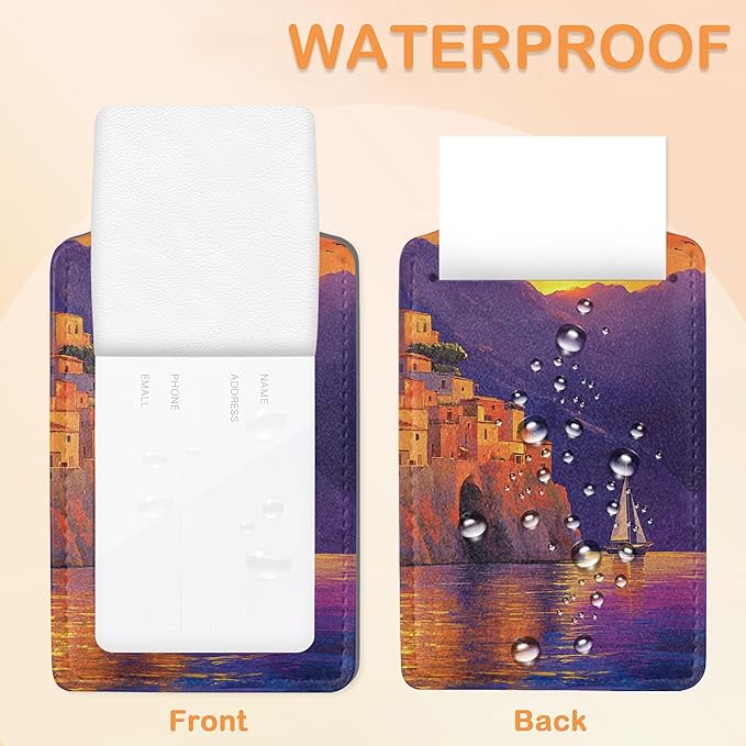 Retro Seaside Village 3 PCS PU Leather Luggage Tags for Suitcase, Sunset Luggage Tag with Privacy Flap, Name ID Label and Metal Loop for Women Men Baggage Handbag School Bag Backpack