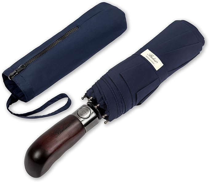 Balios Travel Folding Umbrella with Real Wood Handle Auto Open Close Vented Windproof Canopy - Designed in UK