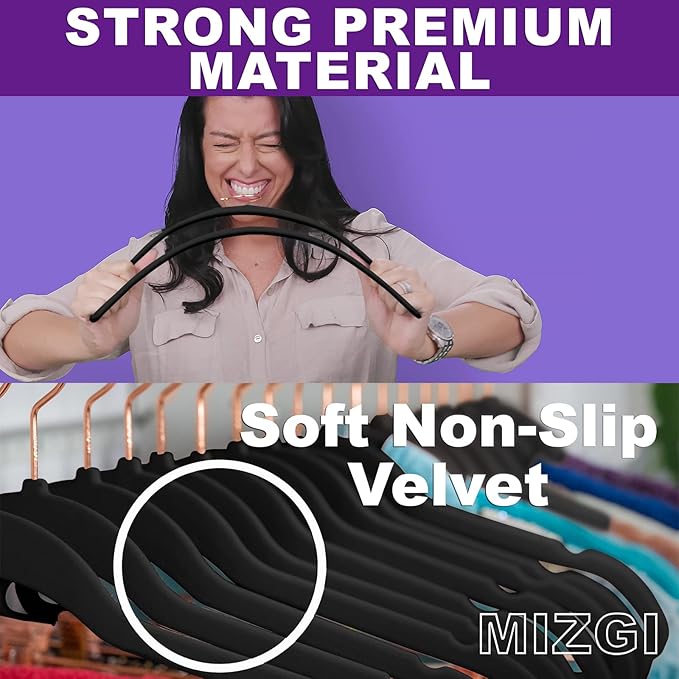 MIZGI Premium Velvet Hangers (50 Pack) Heavy Duty - Non Slip Felt Hangers - Velvet Suit Hanger Black - Rose Gold Hooks,Space Saving Clothes Hanger