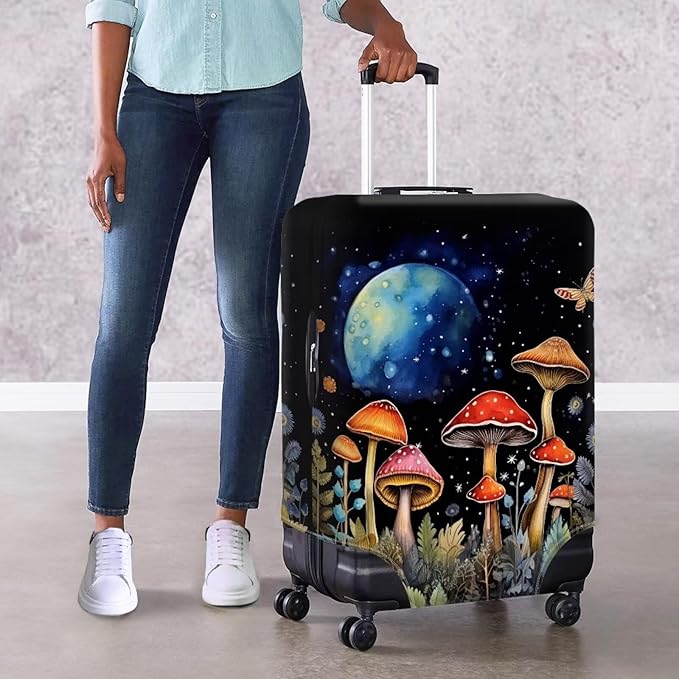 Butterfly Mushroom Print Travel Suitcase Cover Protector Elastic Zipper Closure Fit 22-25 Inch Luggage
