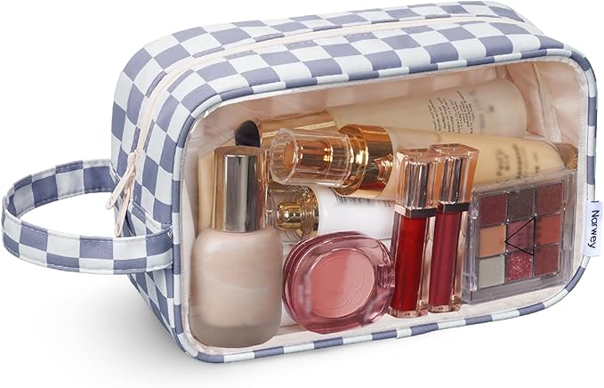 Narwey Clear Toiletry Bags for Traveling Women Men, Clear Travel Bags for Toiletries Makeup Bag Cosmetic Bag with Zipper, Make Up Organizer, Skincare Bag (Grayish Blue Checkerboard)