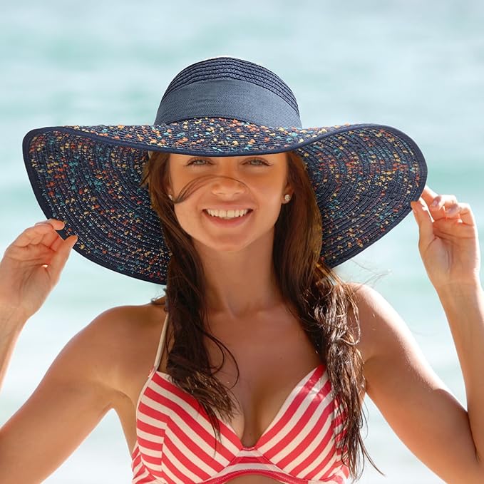 DRESHOW Beach Hats for Women Big Straw Wide Brim Summer Hat Floppy Foldable Roll up Cap Sun Hat UPF 50+