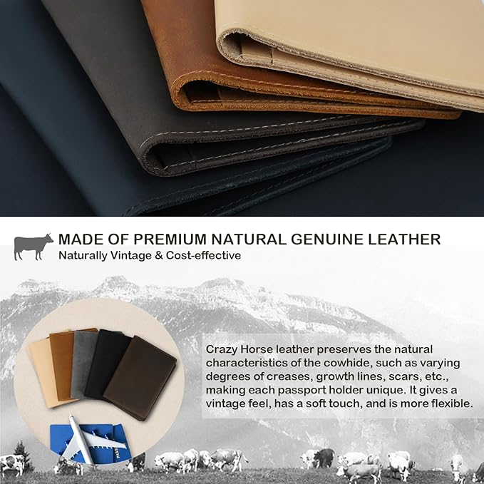 Real Leather Passport Holder for Men and Women, Handmade Wallet Cover Case, Travel Must-Haves Essentials Accessories, Birthday Gifts (Crazy Horse, Coffee)
