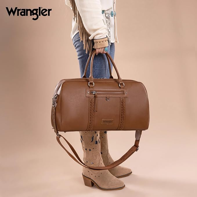 Wrangler Travel Duffel Bag Large Weekender Bag for Women Designer Carry on Overnight Bag for Trips Leather Luggage Bag Brown