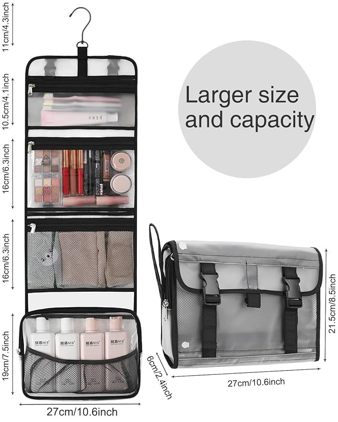 Relavel Travel Hanging Toiletry Bag for Men Women Travel Kit Shaving Bag Waterproof Large Makeup Bag Wash Bag Makeup Organizer Cosmetic Case for Bathroom Shower Semitransparent