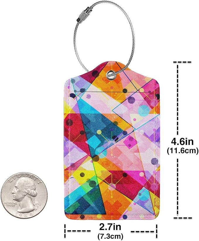 2-Pack PU Leather Luggage Tag with Colorful Geometric Pattern, Rainbow Airport Suitcase Baggage Label Tags, Business ID Card Holders Gifts for Women Men Girls Boys Kids Crew