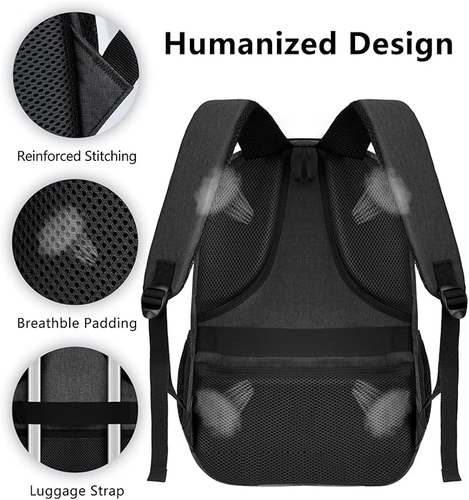 Backpack for Men Women, School Backpack, Large Quilted College Bookbag for Men, Water Resistant Travel Work Backpacks, Business Computer Back Pack with USB Charging Port, Fits 17" Laptop Black