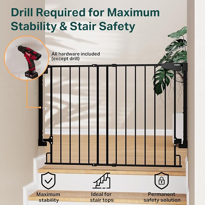 Cumbor 29.2–43" Baby Gate for Stairs, Wall-Mounted (Drill Required), Expandable No Bottom Bar Dog Gate, Auto Close Extra Wide Walk Thru, Pet & Toddler Proof Gate, Top & Bottom of Stairways(Black)